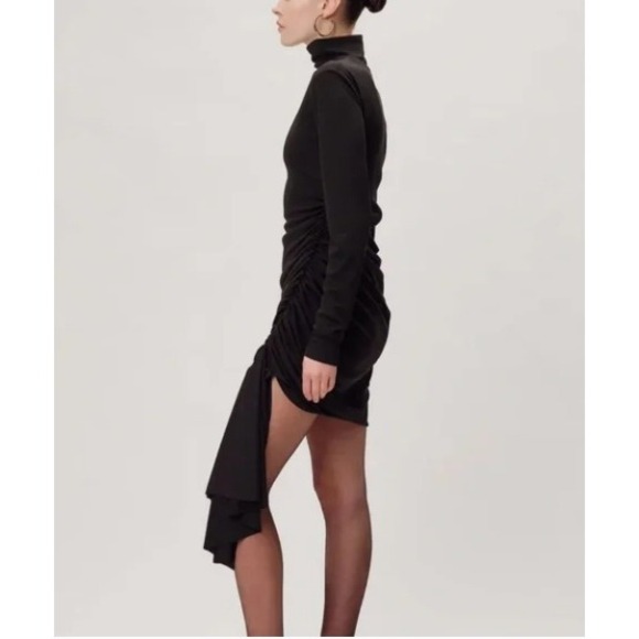 Ronny Kobo Renaldo Black Ruched Asymmetrical Drape Mock Neck Mini Dress L - Picture 4 of 9